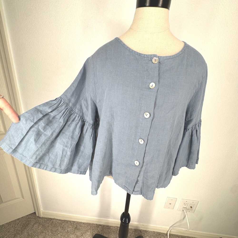 Bryn Walker Linen Bell Sleeve Button Top Lagenlook Oversized Ruffle Minimalist S